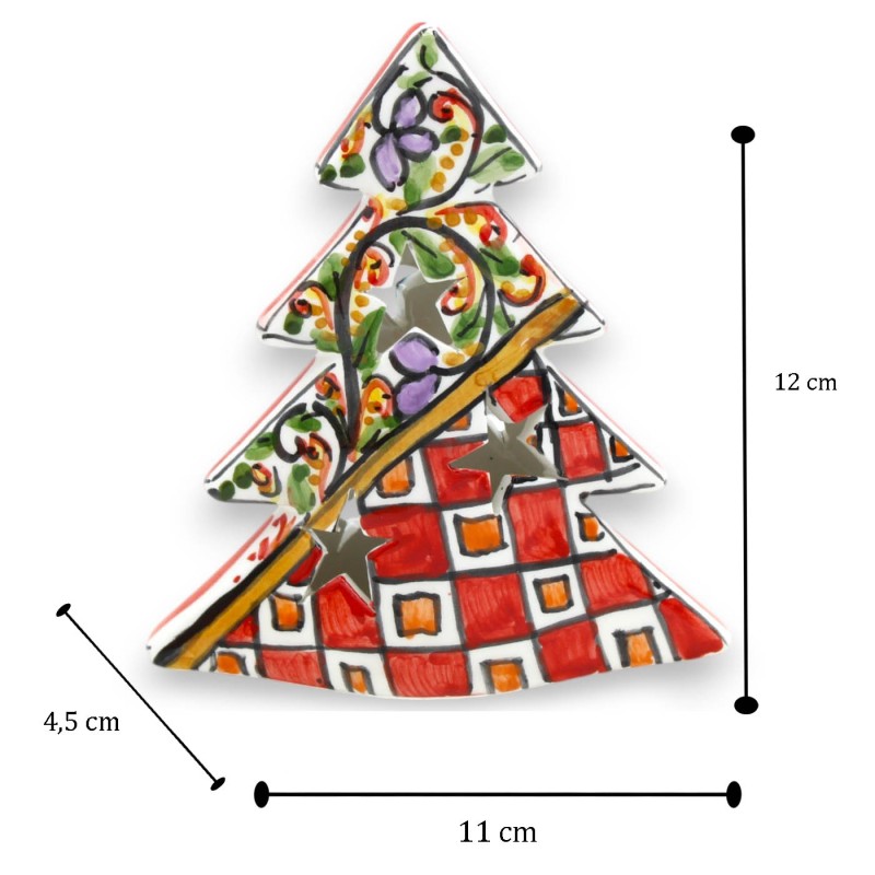 Albero di Natale in stile moderno, da appoggio, ceramica Caltagirone h 12 cm ca. traforato e multi-decoro - 