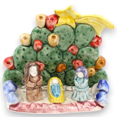 Ficodindia Nativity Scene h 12 x W 13 cm approx. Caltagirone ceramic, embossed decorations and MD2 applications - 
