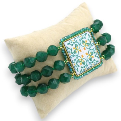 Handmade bracelet with triple green Agate thread, L 20 cm approx. lava stone tile and green majolica - 