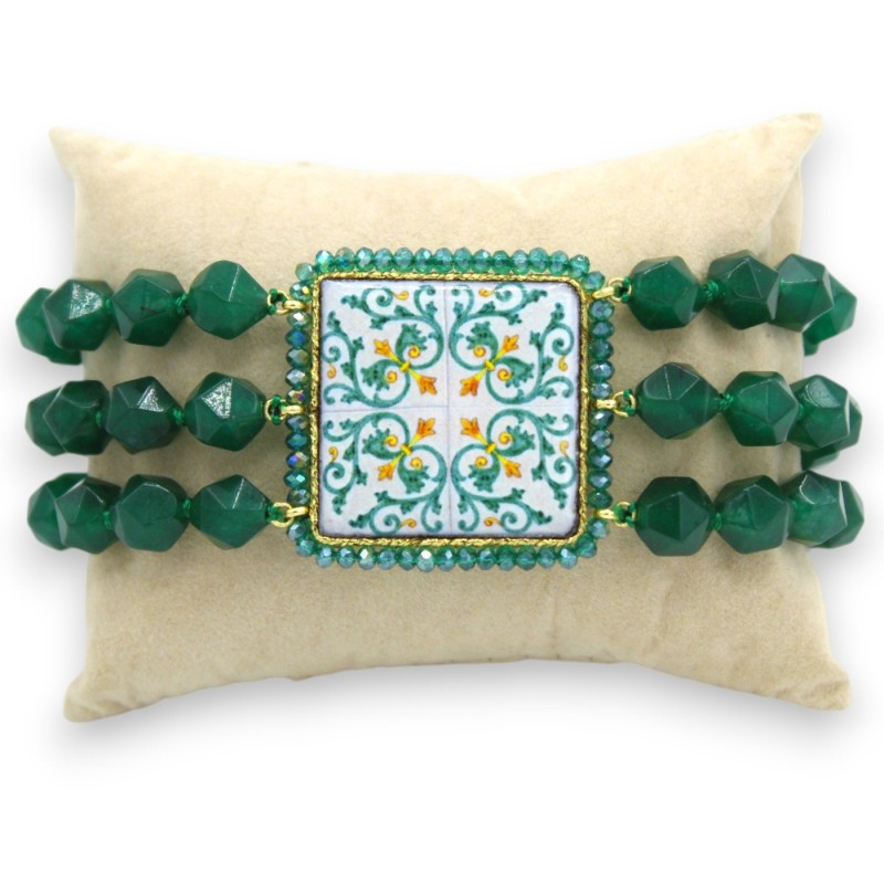 Handmade bracelet with triple green Agate thread, L 20 cm approx. lava stone tile and green majolica - 