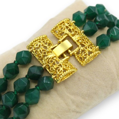 Handmade bracelet with triple green Agate thread, L 20 cm approx. lava stone tile and green majolica - 
