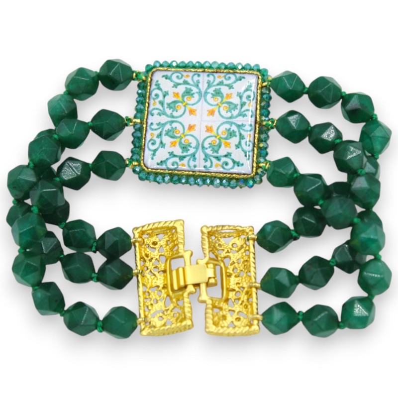 Handmade bracelet with triple green Agate thread, L 20 cm approx. lava stone tile and green majolica - 