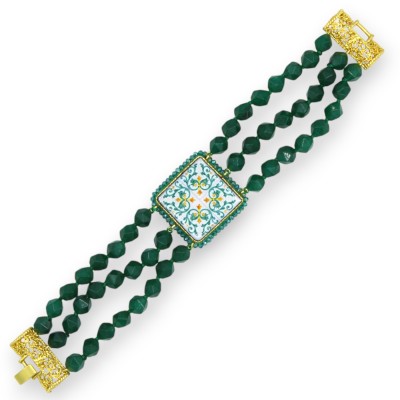 Handmade bracelet with triple green Agate thread, L 20 cm approx. lava stone tile and green majolica - 