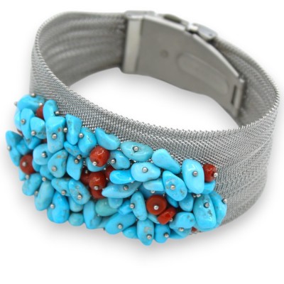 Pulsera de banda hecha a mano, L aprox. 24 cm. Aplicaciones de pasta de acero inoxidable, turquesa y coral - 