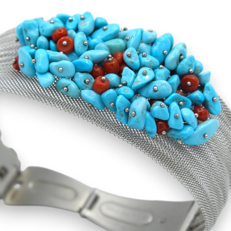 Handgefertigtes Bandarmband, L ca. 24 cm. Edelstahl-, Türkis- und Korallenpastenanwendungen - 