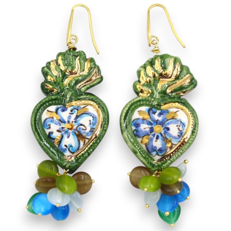 Brincos de Cerâmica Caltagirone, Coração de Jesus - h 9 cm aprox. Pérola maiorquina, ágata, esmalte em ouro puro 24k - 