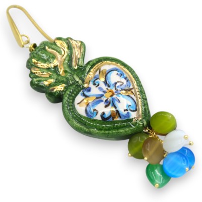Caltagirone keramische oorbellen, hart van Jezus - h 9 cm ongeveer. Mallorcaanse parel, Agaat, 24-karaats puur goudglazu