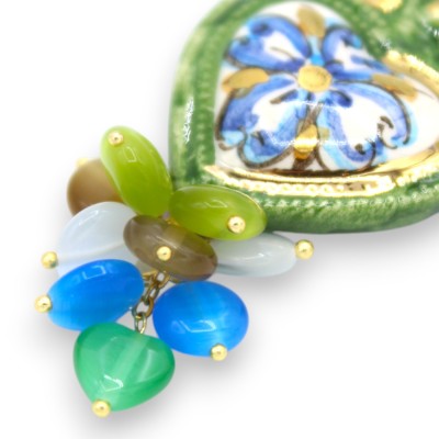 Caltagirone keramische oorbellen, hart van Jezus - h 9 cm ongeveer. Mallorcaanse parel, Agaat, 24-karaats puur goudglazu
