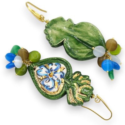 Pendientes de Cerámica Caltagirone, Corazón de Jesús - h 9 cm aprox. Perla mallorquina, Ágata, Esmalte de oro puro de 24