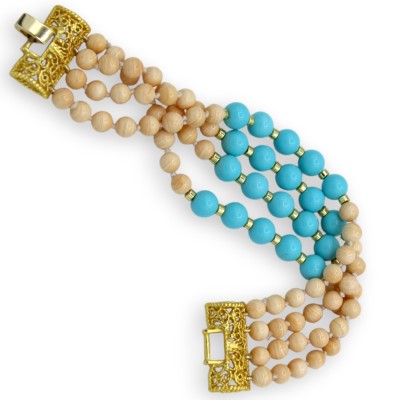 Pulsera artesanal, L aprox. 20 cm. con cuatro hilos de Pasta de Turquesa y Cornalina - 