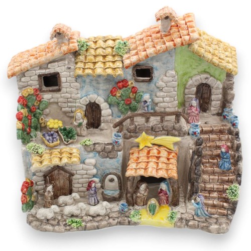 Belén del pueblo de cerámica de Caltagirone, h 32 x 40 cm aprox. Rico en detalles y personajes. - 