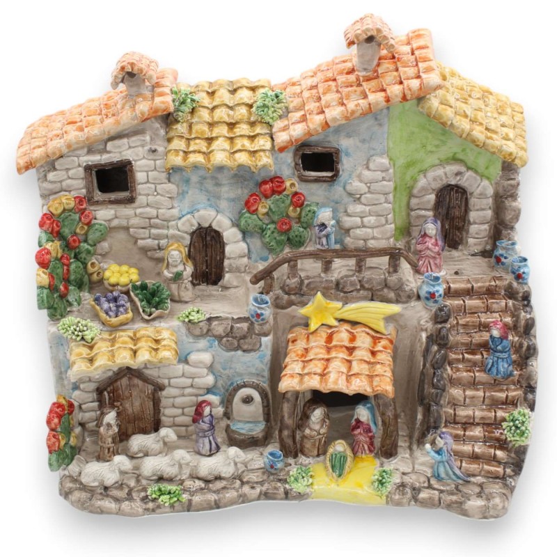 Crèche de village en céramique de Caltagirone, h 32 x 40 cm environ. Riche en détails et en personnages - 