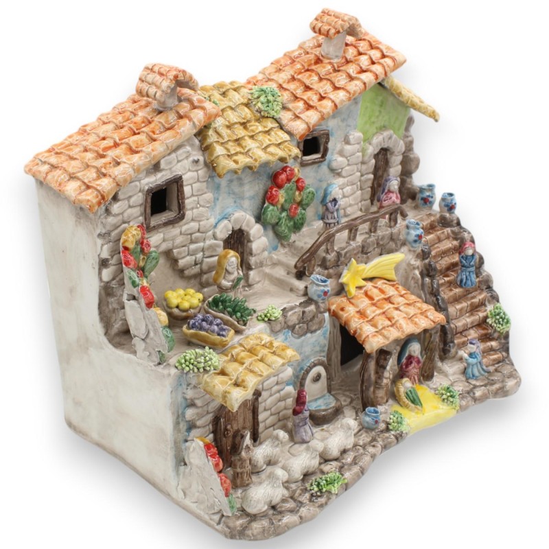 Belén del pueblo de cerámica de Caltagirone, h 32 x 40 cm aprox. Rico en detalles y personajes. - 
