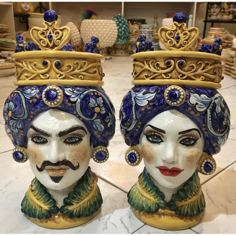Handmade pair of Moorish heads with crown with cobalt blue background and floral decoration - height 25 cm - 