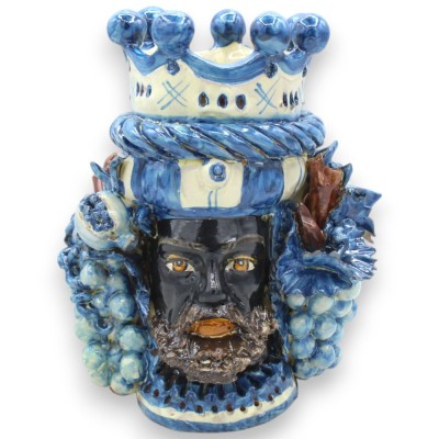 Cabeza de Jano bifaz de dos caras en cerámica de Caltagirone, altura aprox. con corona, trenza y frutas variadas, Azul A