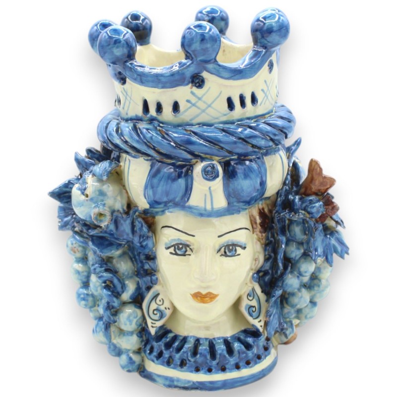Cabeza de Jano bifaz de dos caras en cerámica de Caltagirone, altura aprox. con corona, trenza y frutas variadas, Azul A