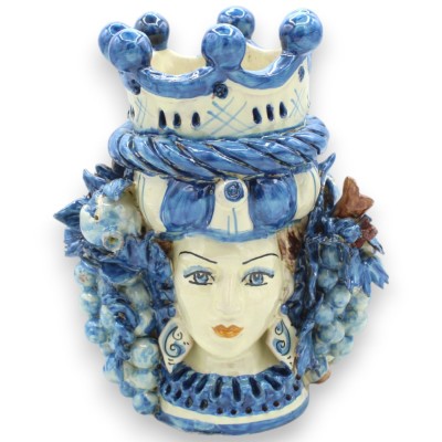 Cabeza de Jano bifaz de dos caras en cerámica de Caltagirone, altura aprox. con corona, trenza y frutas variadas, Azul A