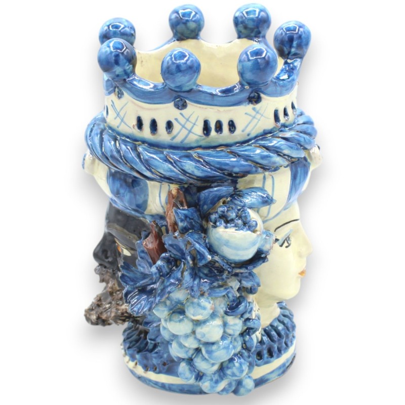 Cabeza de Jano bifaz de dos caras en cerámica de Caltagirone, altura aprox. con corona, trenza y frutas variadas, Azul A