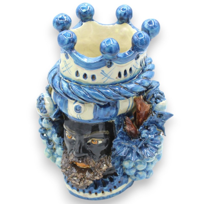 Cabeza de Jano bifaz de dos caras en cerámica de Caltagirone, altura aprox. con corona, trenza y frutas variadas, Azul A
