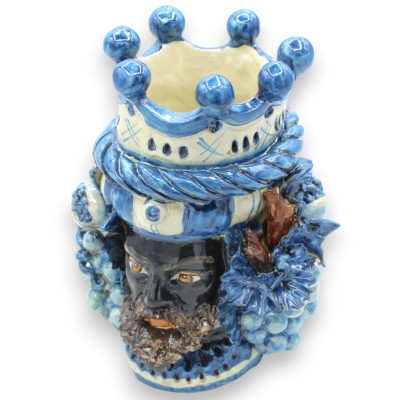 Cabeza de Jano bifaz de dos caras en cerámica de Caltagirone, altura aprox. con corona, trenza y frutas variadas, Azul A