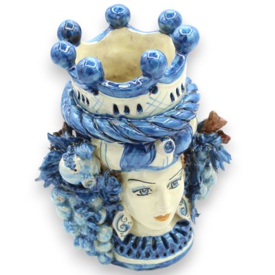 Cabeza de Jano bifaz de dos caras en cerámica de Caltagirone, altura aprox. con corona, trenza y frutas variadas, Azul A