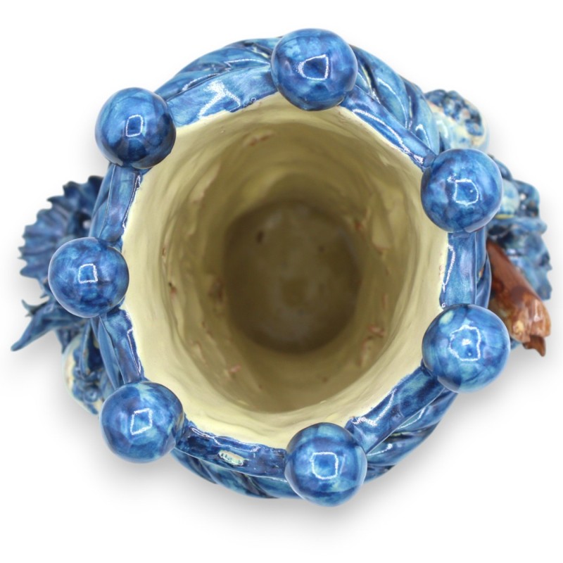 Cabeza de Jano bifaz de dos caras en cerámica de Caltagirone, altura aprox. con corona, trenza y frutas variadas, Azul A