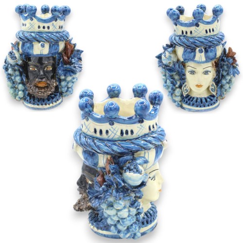 Cabeça de Janus biface com duas faces em cerâmica Caltagirone, h aprox. com coroa, trança e frutas mistas, Antique Blue 