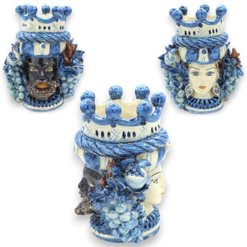 Cabeza de Jano bifaz de dos caras en cerámica de Caltagirone, altura aprox. con corona, trenza y frutas variadas, Azul A