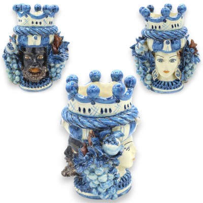 Cabeza de Jano bifaz de dos caras en cerámica de Caltagirone, altura aprox. con corona, trenza y frutas variadas, Azul A