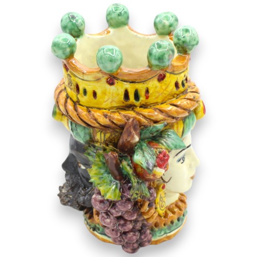 Zweigesichtiger Januskopf mit zwei Gesichtern aus Caltagirone-Keramik, H ca. 21 cm. mit Krone, Zopf und gemischter Fruch 2