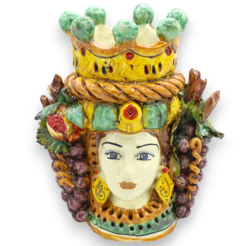 Janus Bifrons head with two faces in Caltagirone ceramic h 21 cm approx. with crown, braid and mixed fruit MD2 - 