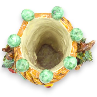 Giano Bifronte testa con due volti in ceramica Caltagirone h 21 cm ca. con corona, treccia e frutta mista MD2 - 