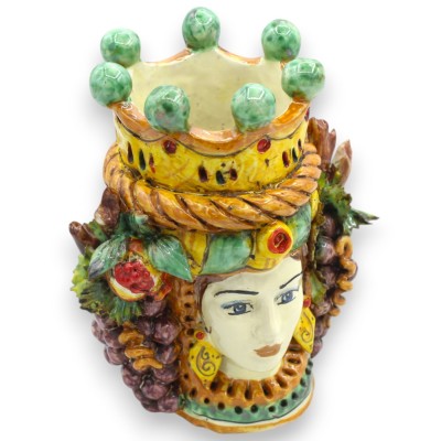 Giano Bifronte testa con due volti in ceramica Caltagirone h 21 cm ca. con corona, treccia e frutta mista MD2 - 