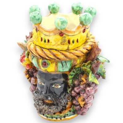 Janus Bifrons head with two faces in Caltagirone ceramic h 21 cm approx. with crown, braid and mixed fruit MD2 - 