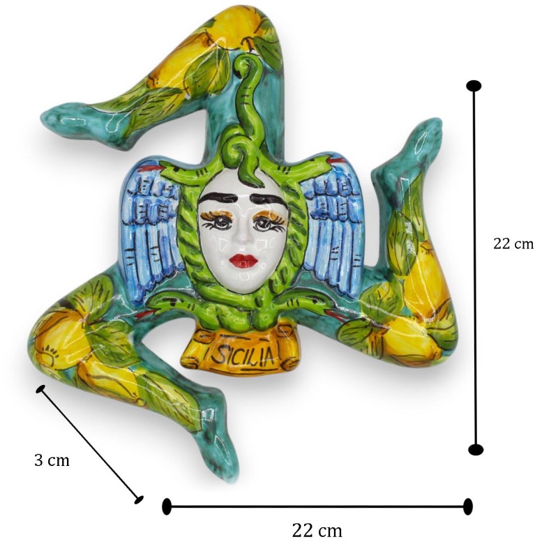 Trinacria in pregiata ceramica Siciliana, h 22 cm ca. verderame, decoro limoni - 