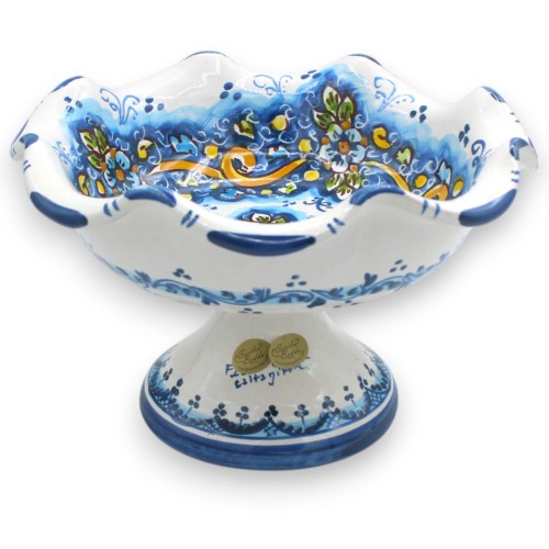 Alzata centrotavola fruttiera smerlata, ceramica Caltagirone, 4 opzioni misura (1Unità) decoro floreale su fondo blu - 
