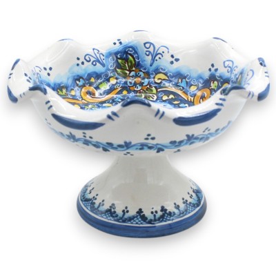 Alzata centrotavola fruttiera smerlata, ceramica Caltagirone, 4 opzioni misura (1Unità) decoro floreale su fondo blu - 