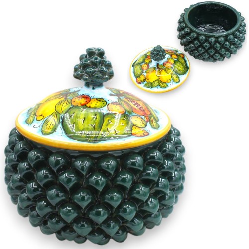 Biscottiera Pigna, pregiata ceramica Siciliana, Ø 23 x h 23 cm ca. decoro ficodindia, limoni e melograno - 