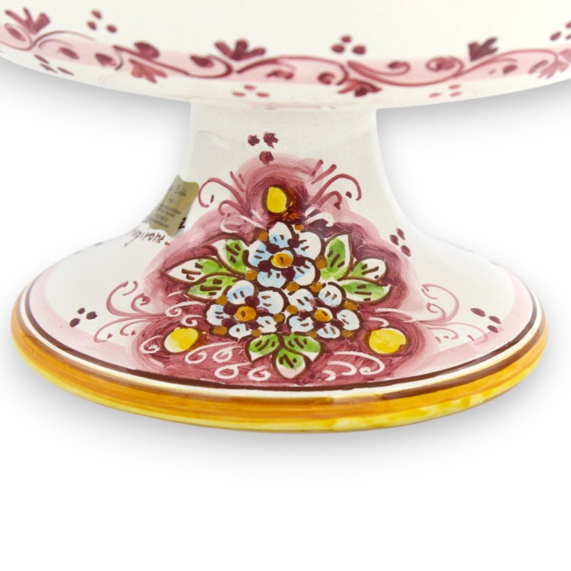 Alzata centrotavola fruttiera smerlata, ceramica Caltagirone, 4 opzioni misura (1Unità) decoro floreale su fondo bordeau