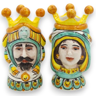 Par de cabeças mouriscas em cerâmica Caltagirone - h 13 cm aprox. com coroa, turbante e frutas - 