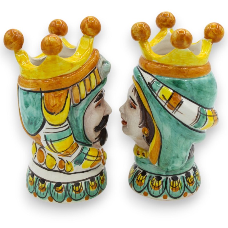 Par de cabeças mouriscas em cerâmica Caltagirone - h 13 cm aprox. com coroa, turbante e frutas - 