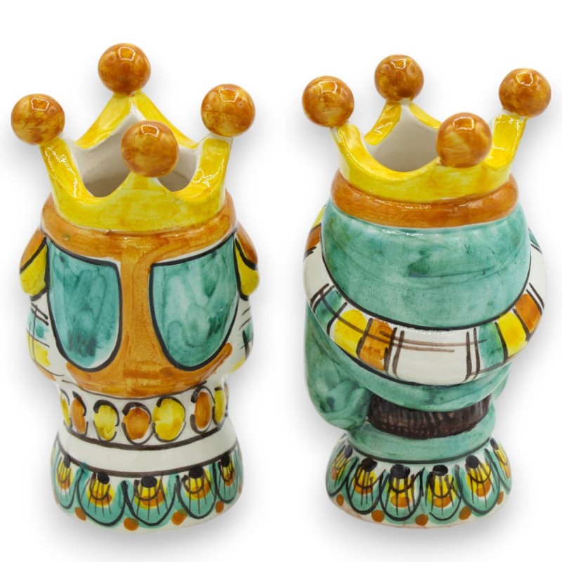 Par de cabeças mouriscas em cerâmica Caltagirone - h 13 cm aprox. com coroa, turbante e frutas - 