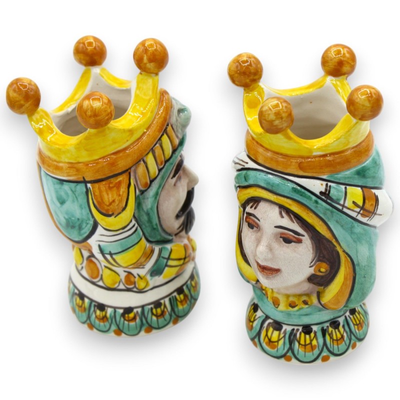 Par de cabeças mouriscas em cerâmica Caltagirone - h 13 cm aprox. com coroa, turbante e frutas - 