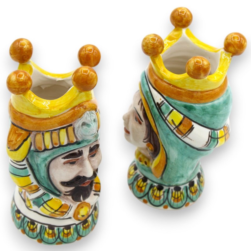 Par de cabeças mouriscas em cerâmica Caltagirone - h 13 cm aprox. com coroa, turbante e frutas - 