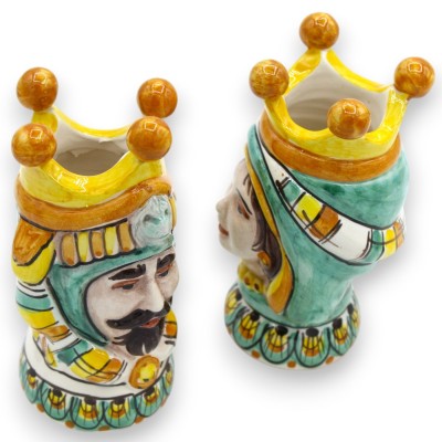 Par de cabeças mouriscas em cerâmica Caltagirone - h 13 cm aprox. com coroa, turbante e frutas - 
