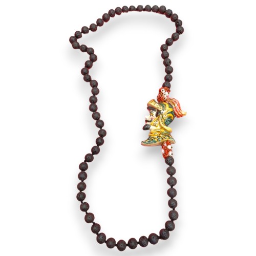 Necklace with Lava stone spheres and Paladin Bust in Caltagirone ceramic, L 80 cm approx. pearls and natural stones - 