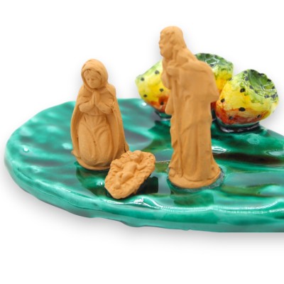Nativity scene on prickly pear shovel, terracotta characters, Sicilian ceramics, Two color and size options (1pc) - 