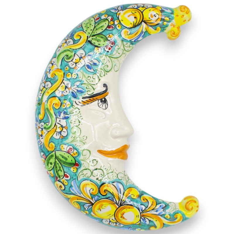 Caltagirone ceramic moon, verdigris h 45 cm approx. baroque decoration lemons and prickly pears - 