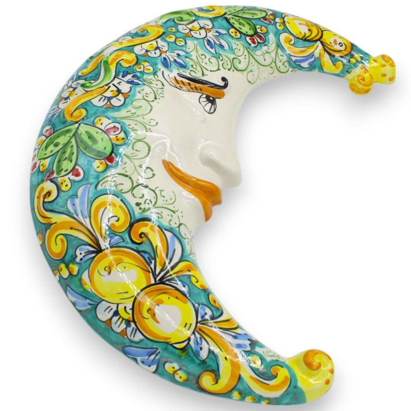 Caltagirone ceramic moon, verdigris h 45 cm approx. baroque decoration lemons and prickly pears - 