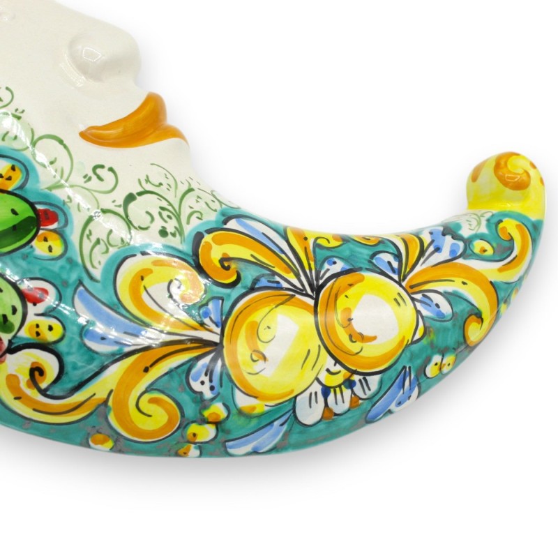 Caltagirone ceramic moon, verdigris h 45 cm approx. baroque decoration lemons and prickly pears - 